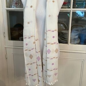 Matta Cotton Pom Pom Scarf, White Purple & Green, 22 x 73 Inches